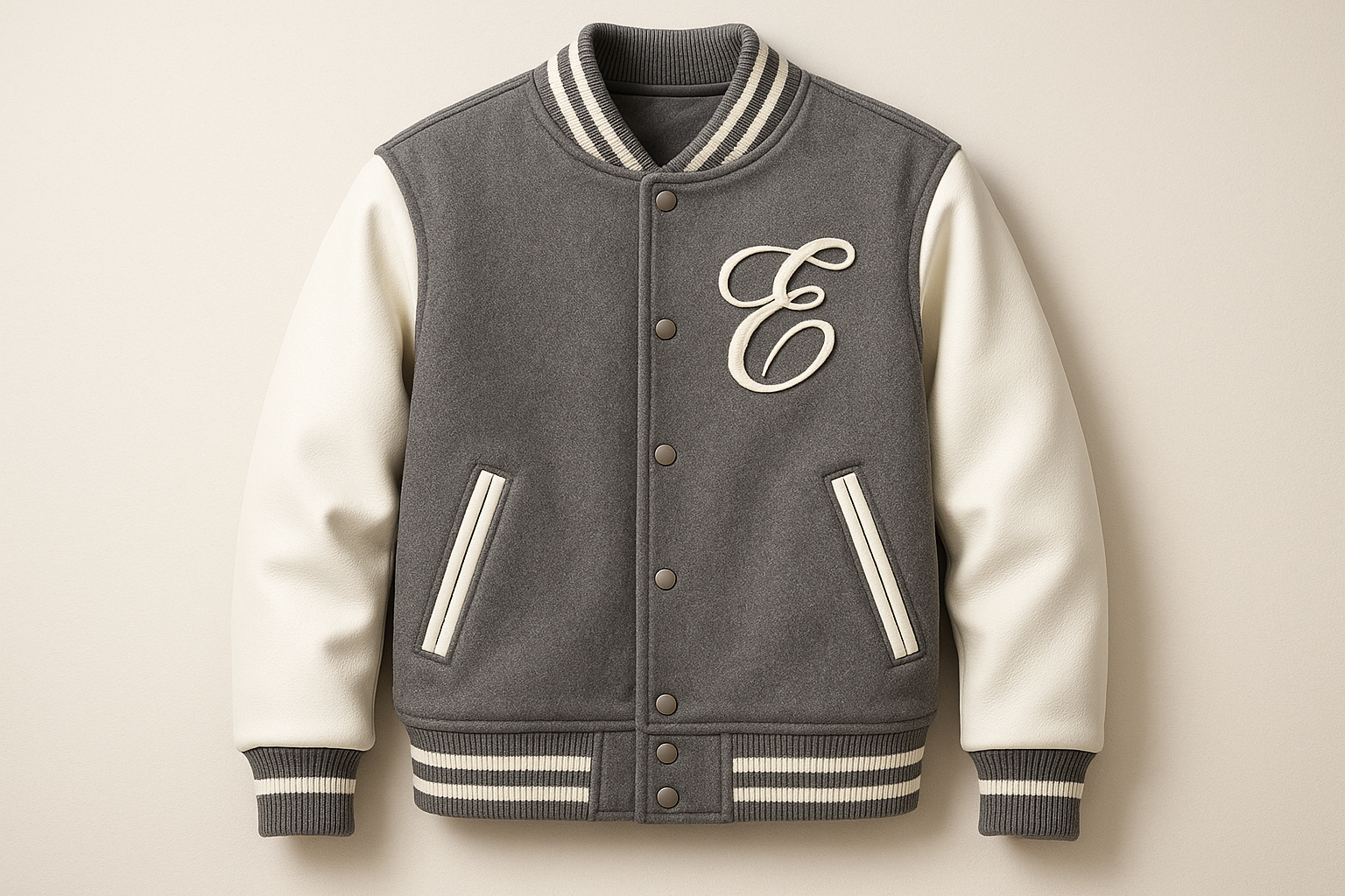 gray with white sleves letterman with a incursive E