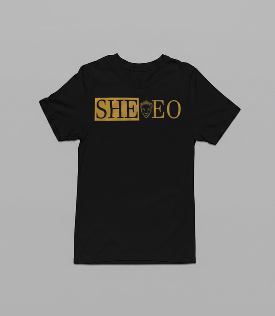 SHE*EO Lioness Tee - Navy/Gold - Front View